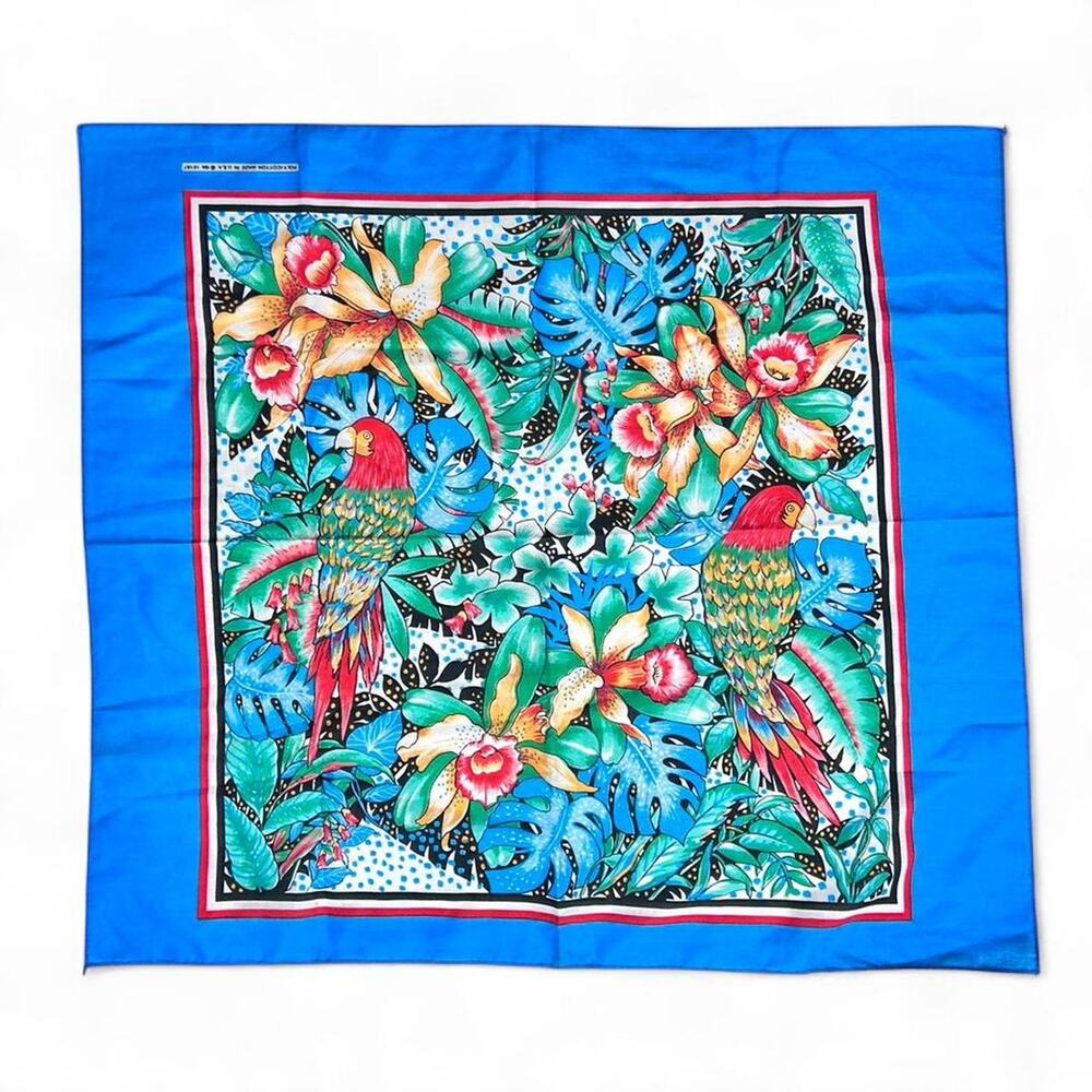 Vintage made in USA RN 15187 Cotton Tropical Floral Parrot Bandana Handkerchief